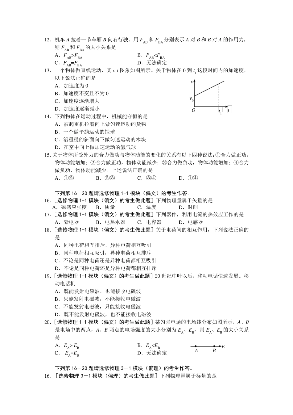 20092012年湖南省普通高中学业水平考试试卷物理(真题)_第2页