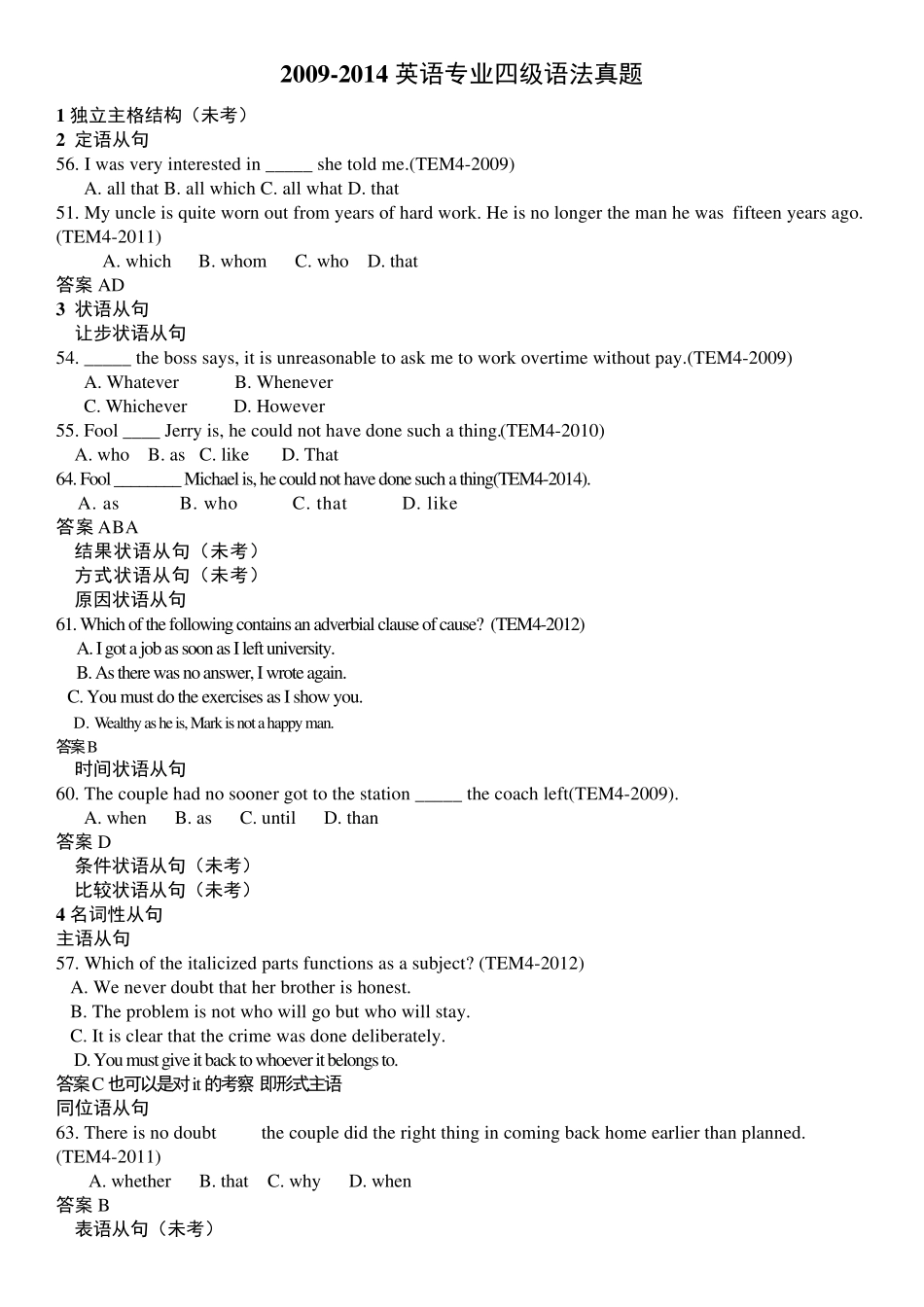 20092014英语专业四级词汇与语法真题已分类_第1页