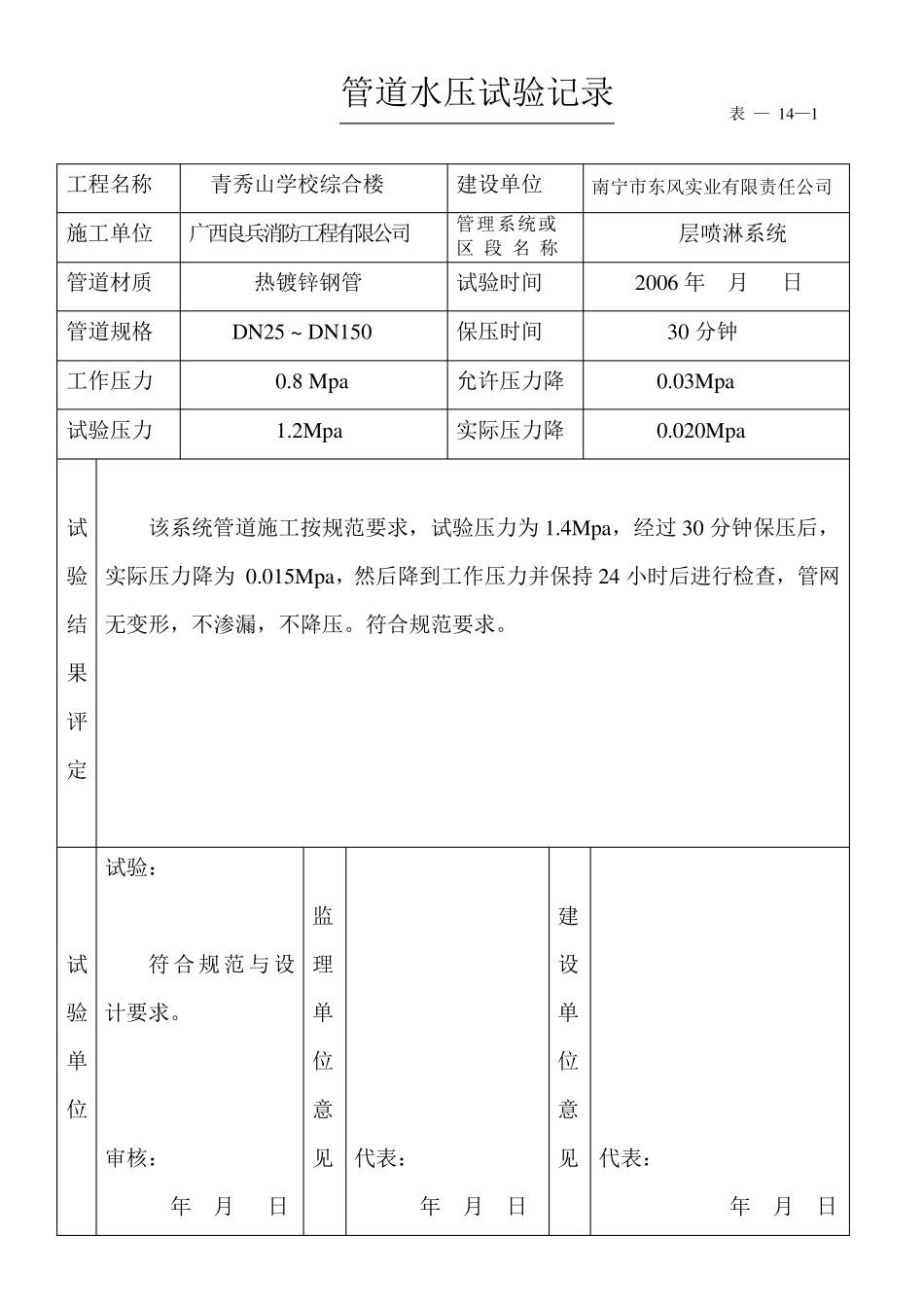 消防工程管道水压试验、清洗等记录_第1页