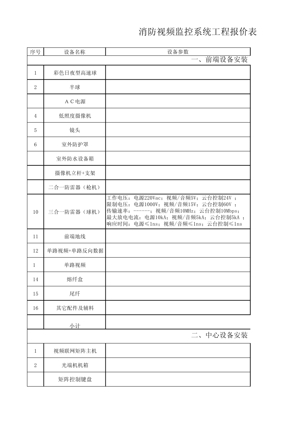 消防监控工程报价表模板_第1页