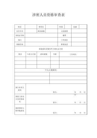 涉密人员管理表格汇总