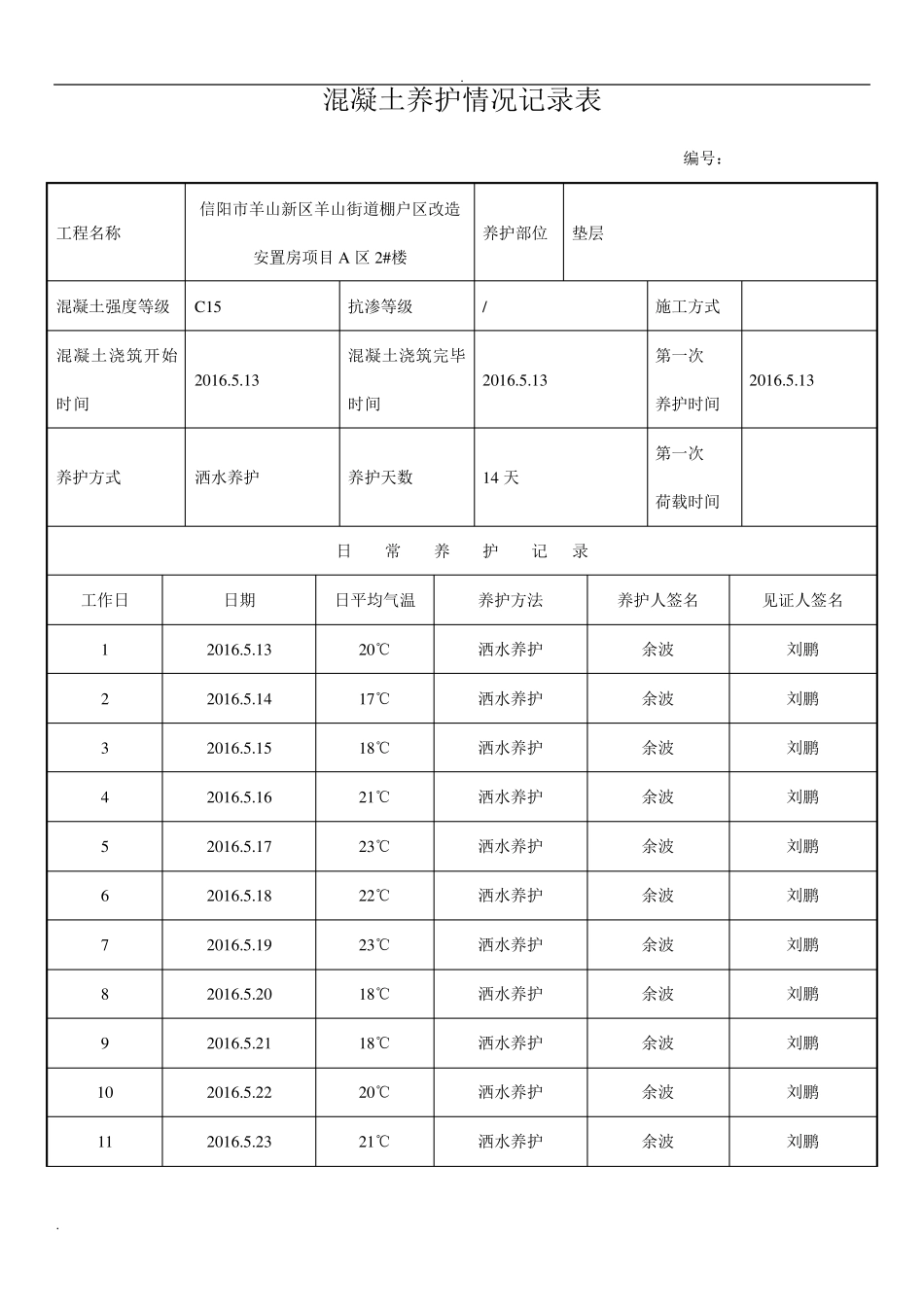 混凝土养护记录表_第1页