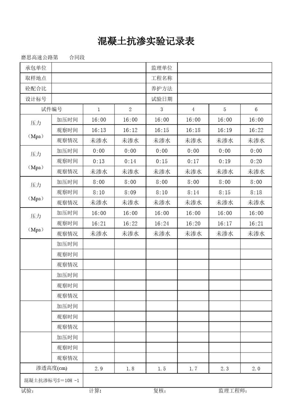 混凝土抗渗试验记录表_第2页