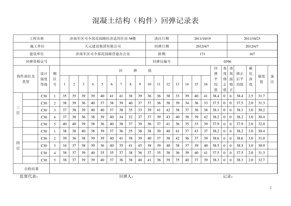 混凝土结构构件回弹记录表_第2页