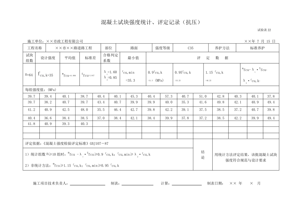混凝土试块强度统计、评定记录(抗压)_第1页