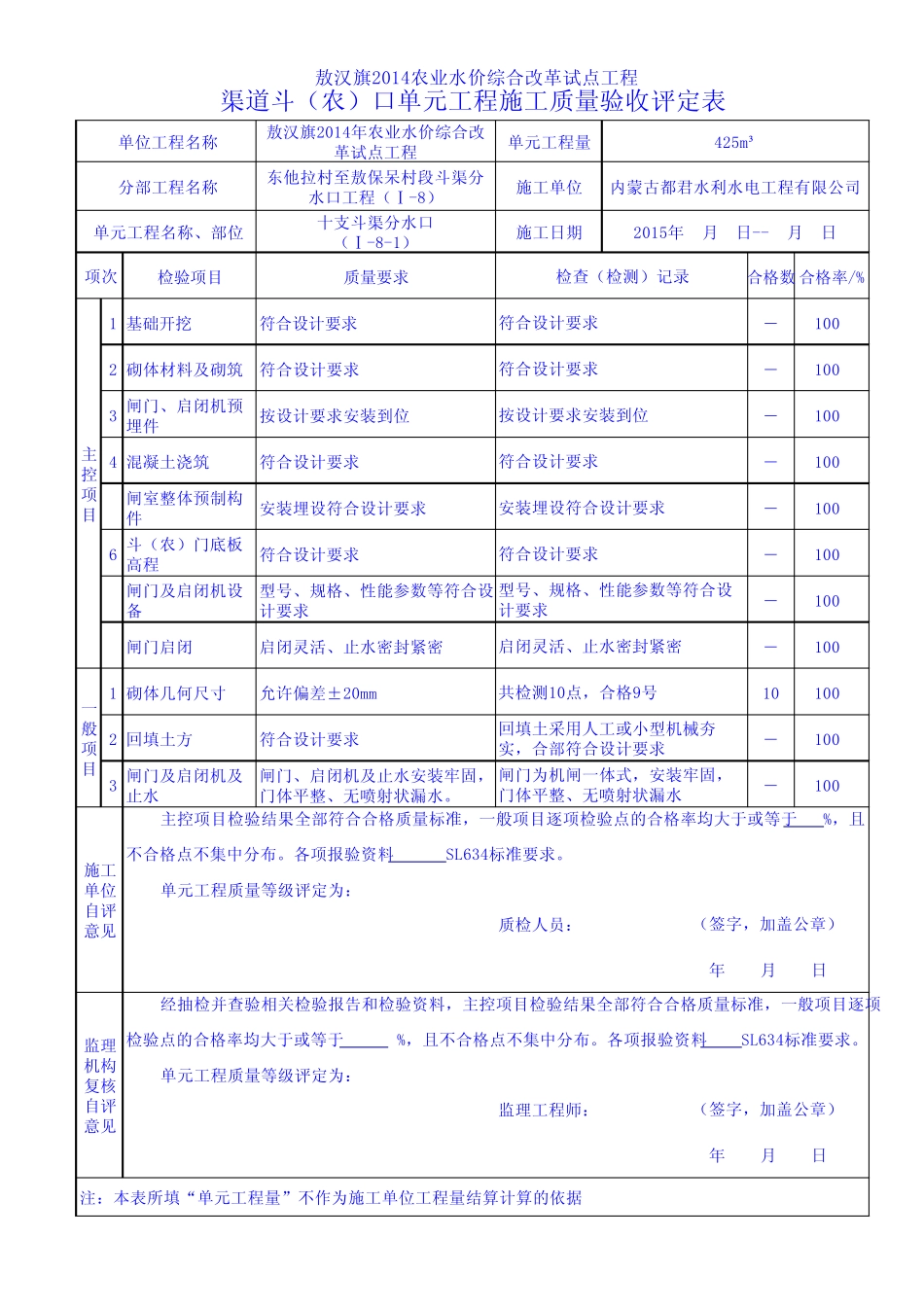 渠道斗(农)口单元工程施工质量验收评定表_第1页