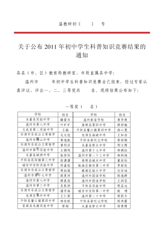温州市2011年初中学生科普知识竞赛结果