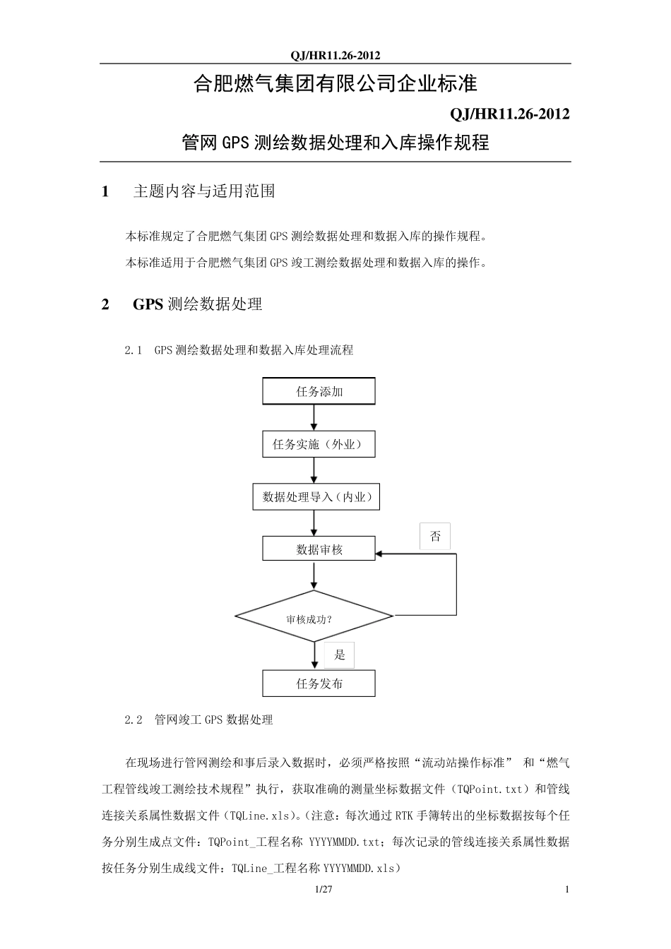 管网GPS测绘数据处理和入库操作规程_第1页