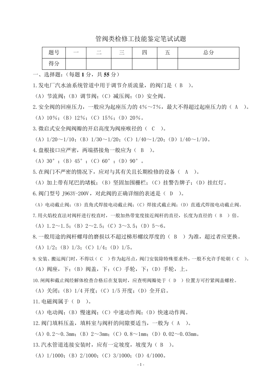 管阀类检修工技能鉴定笔试试题_第1页