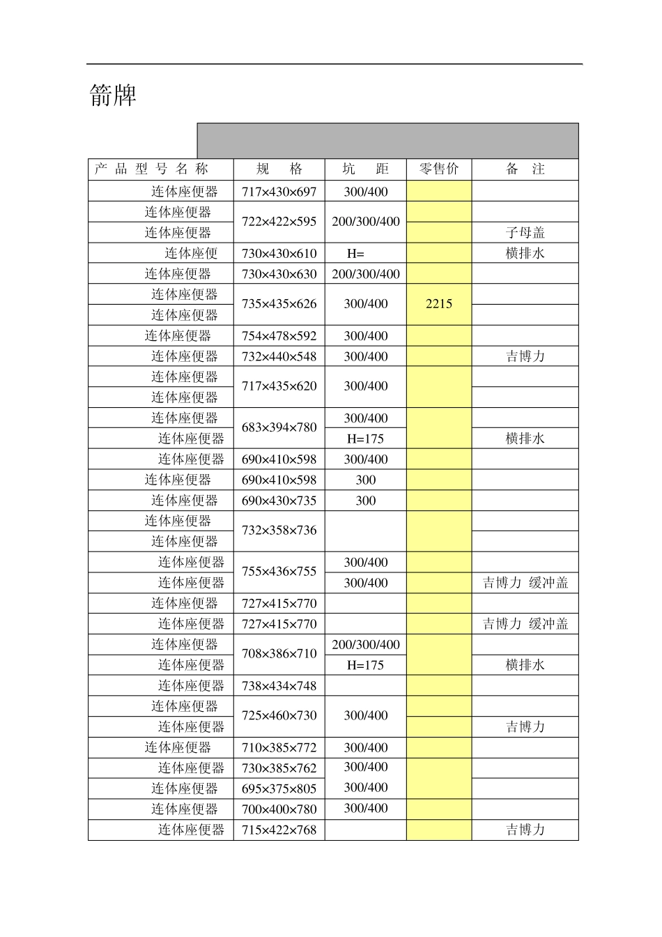 箭牌洁具部分报价_第1页