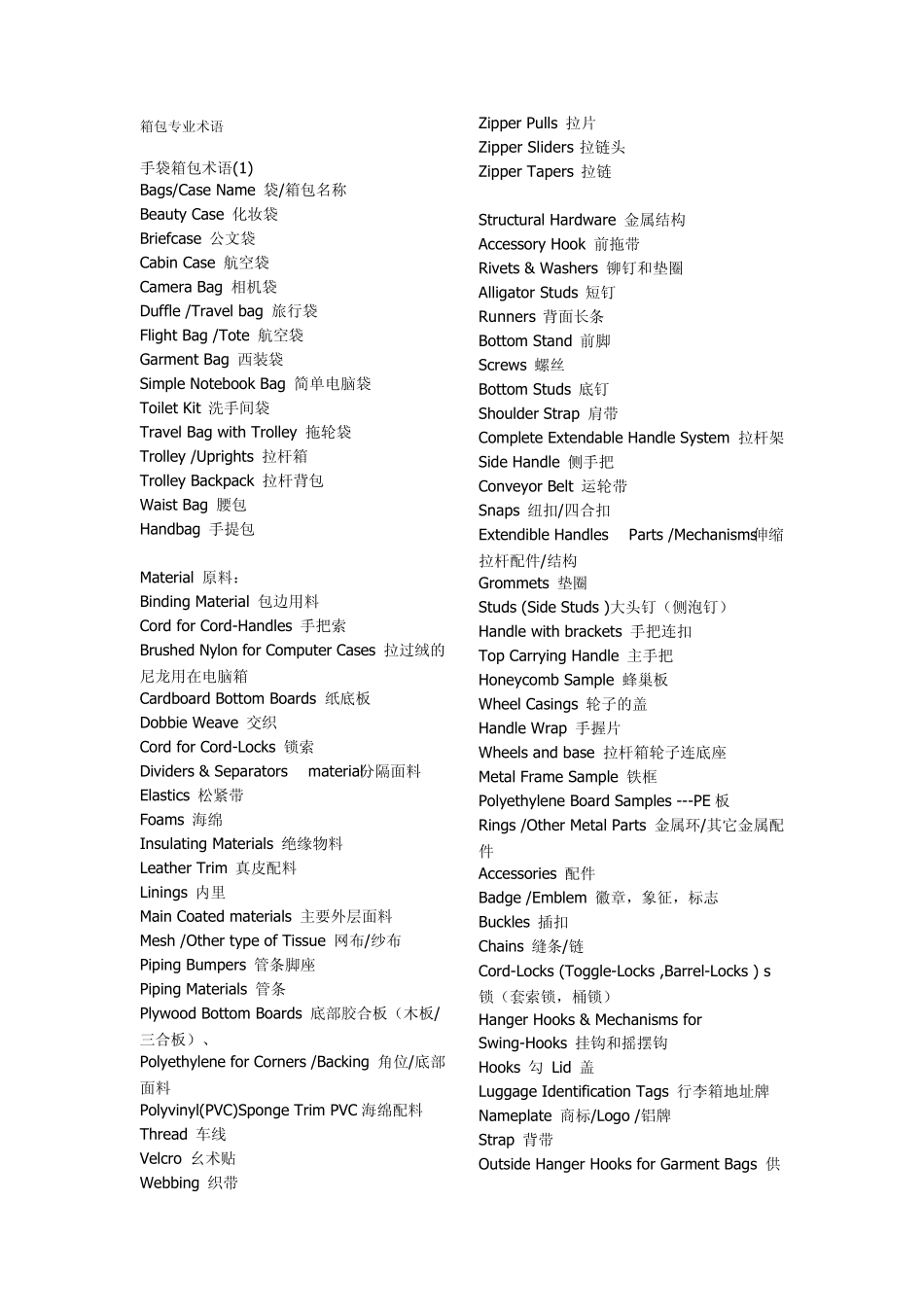 箱包英语专业术语_第1页