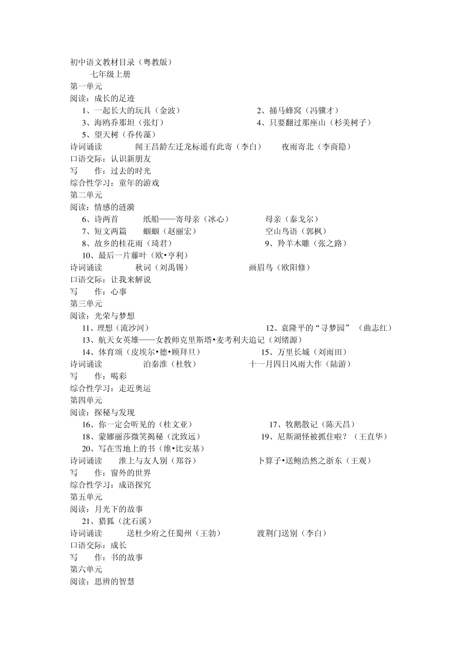 粤教初中语文教材目录_第1页