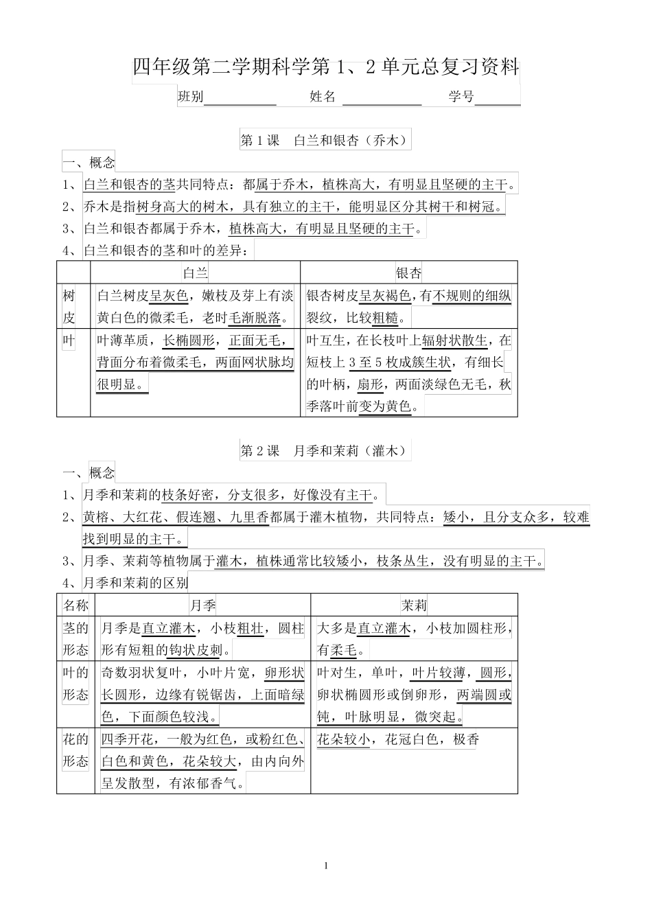 粤教版科学四年级下册第一二单元复习资料知识点总结_第1页