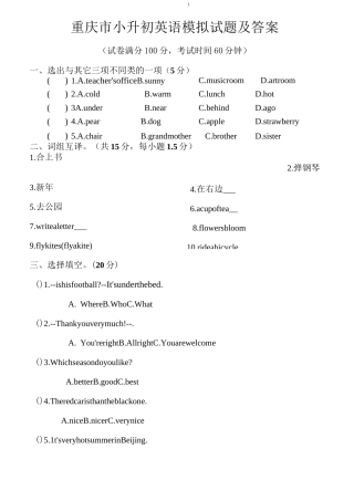 重庆市小升初英语模拟试题及答案