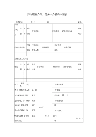 开办职业介绍劳务中介机构申请表