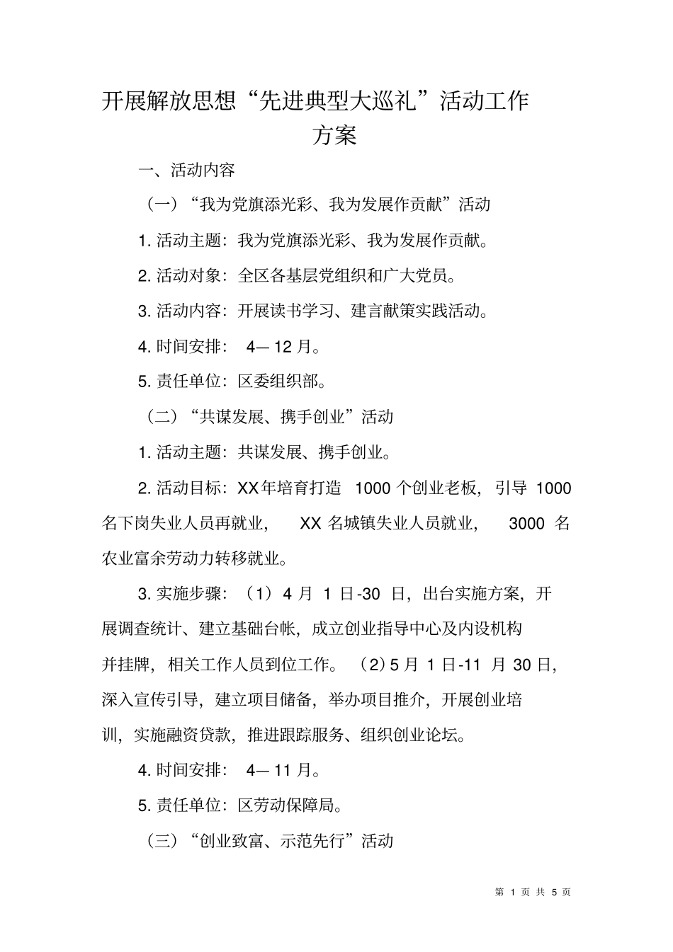 开展解放思想先进典型大巡礼活动工作方案_第1页
