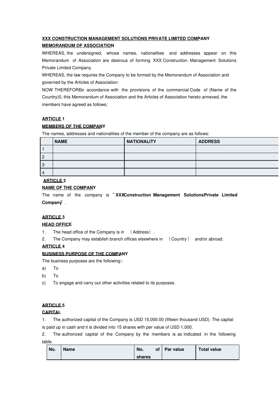 开管理咨询公司的英文合伙协议模板MOA_第1页