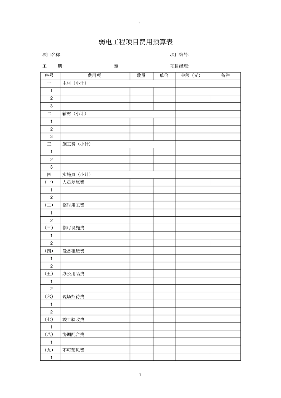 弱电工程项目费用预算表_第1页