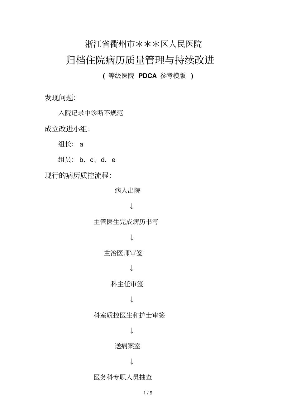 归档住院病历质量管理和持续改进等级医院评审PDCA参考模版_第1页