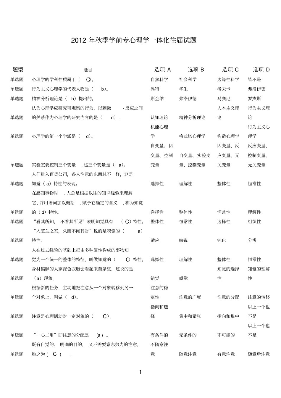 心理学一体化往届试卷复习_第1页