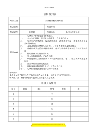 “安全标准化基础知识”培训签到表