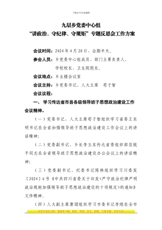 “讲政治、守纪律、守规矩”专题反思会工作方案