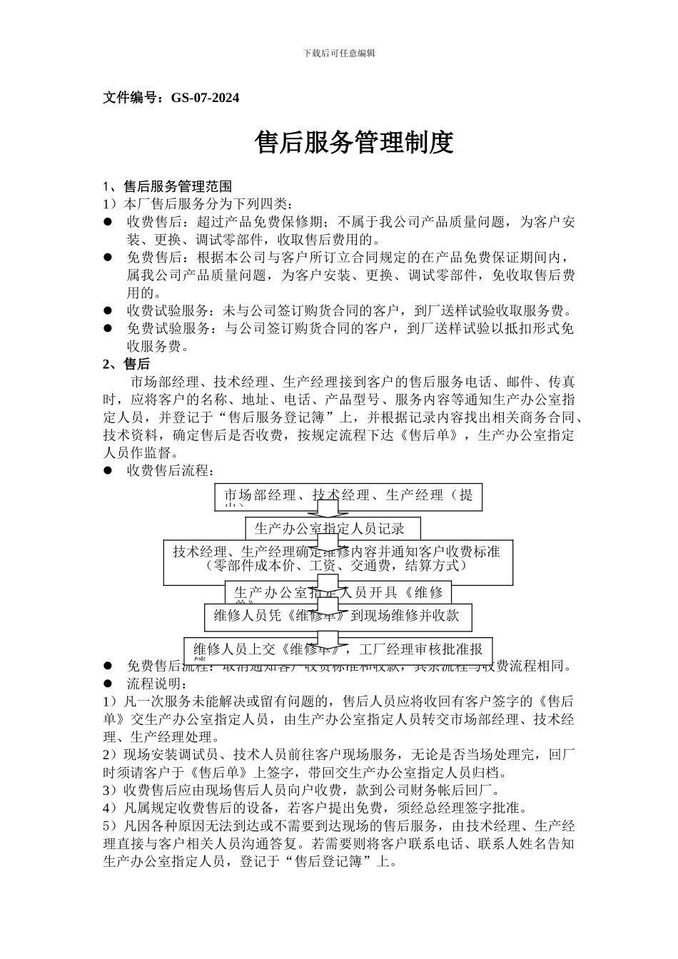 《售后服务管理制度》GS-07-2024_第1页
