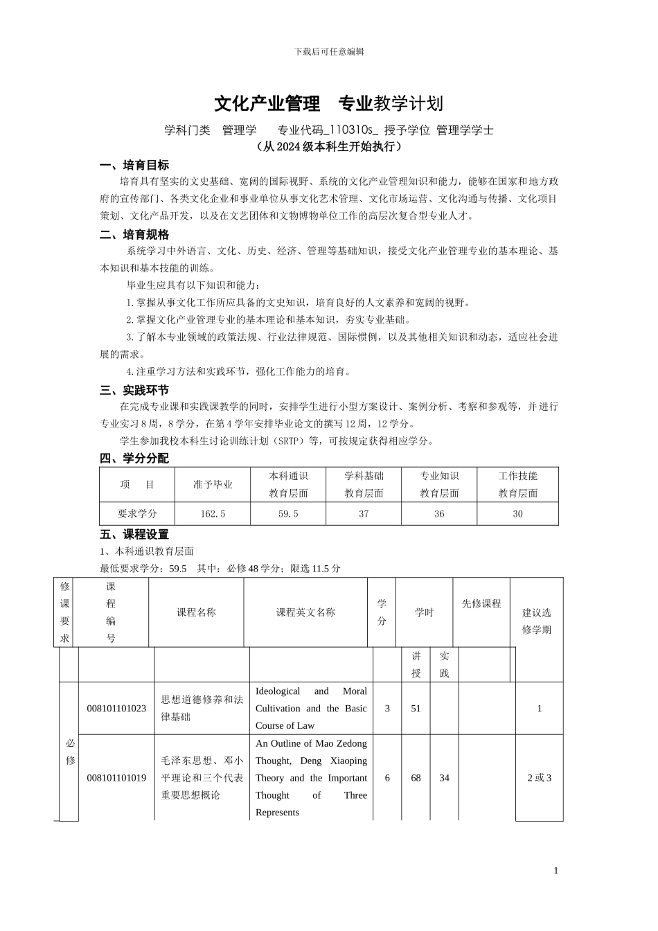 《文化产业管理专业》本科专业人才培养方案、教学计划_第1页