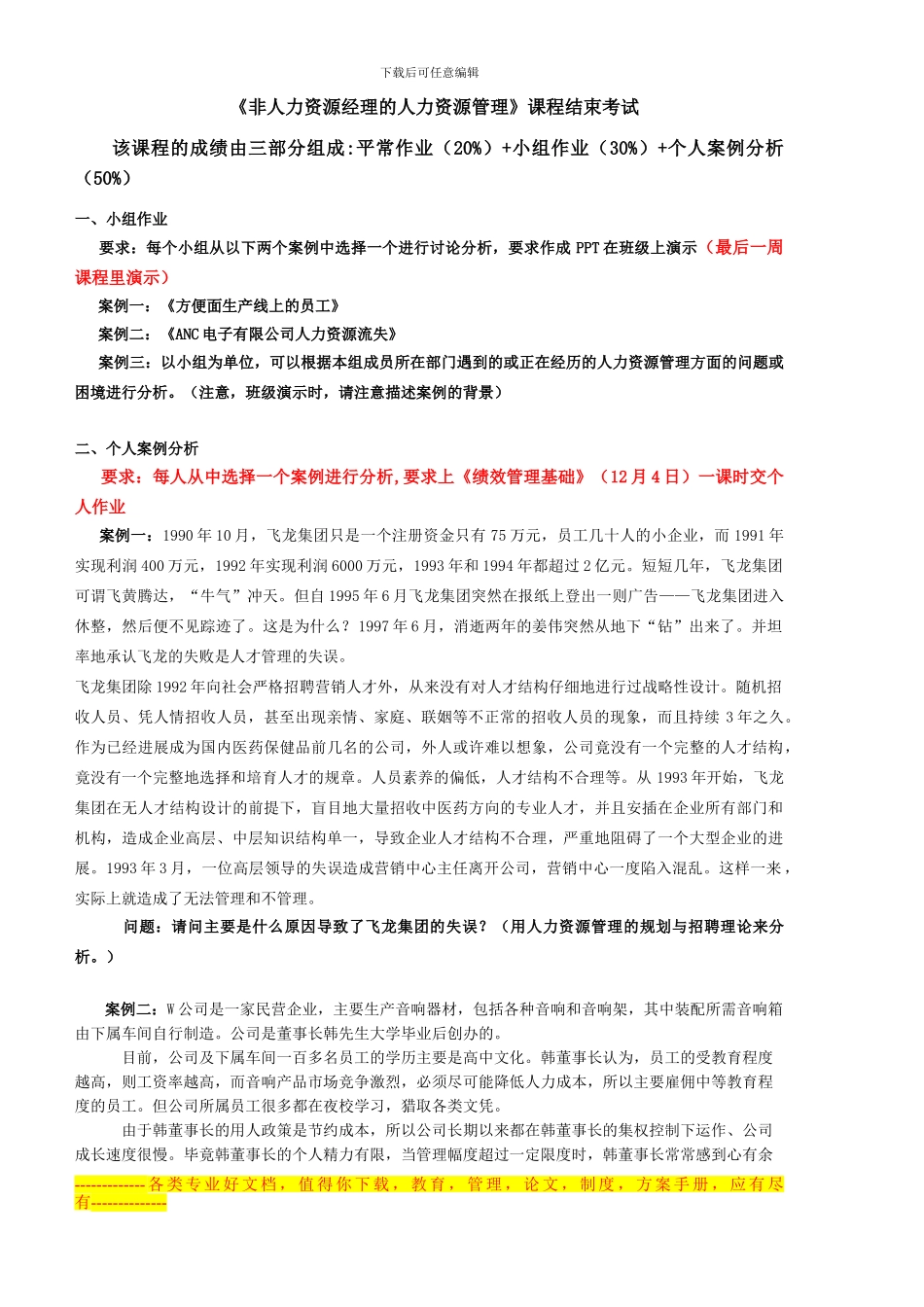 《非人力资源经理的人力资源管理》结束考试方案_第1页