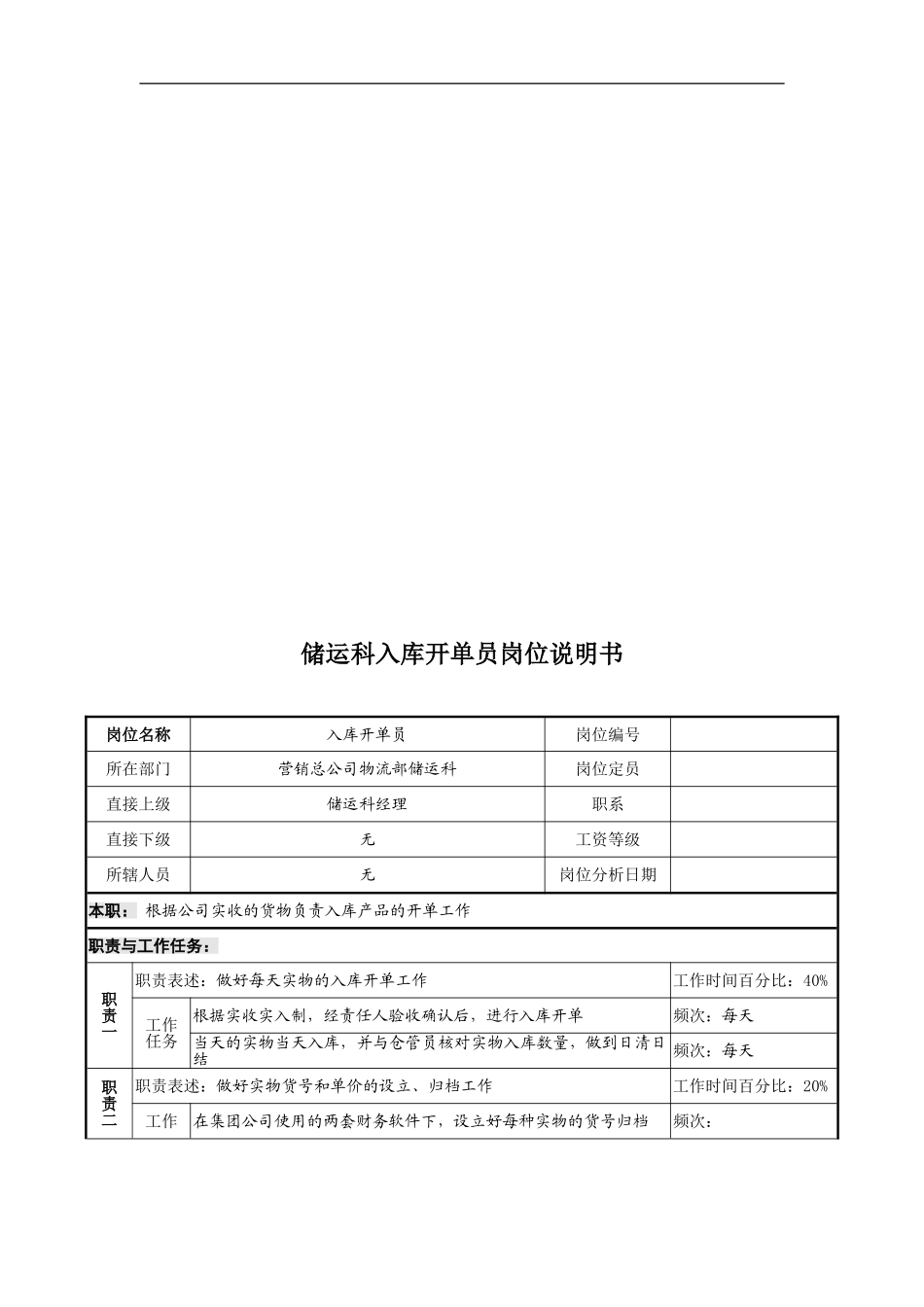 【内部制度】奥康--储运科入库开单员岗位说明书_第1页