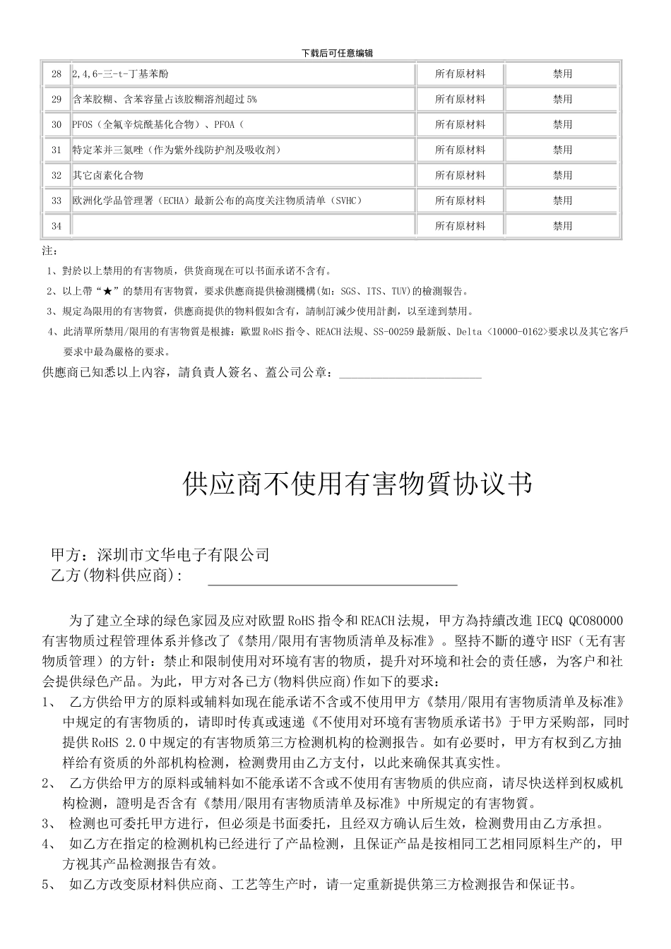 不使用有害物质协议书及禁用物质清单及承诺书新版_第2页