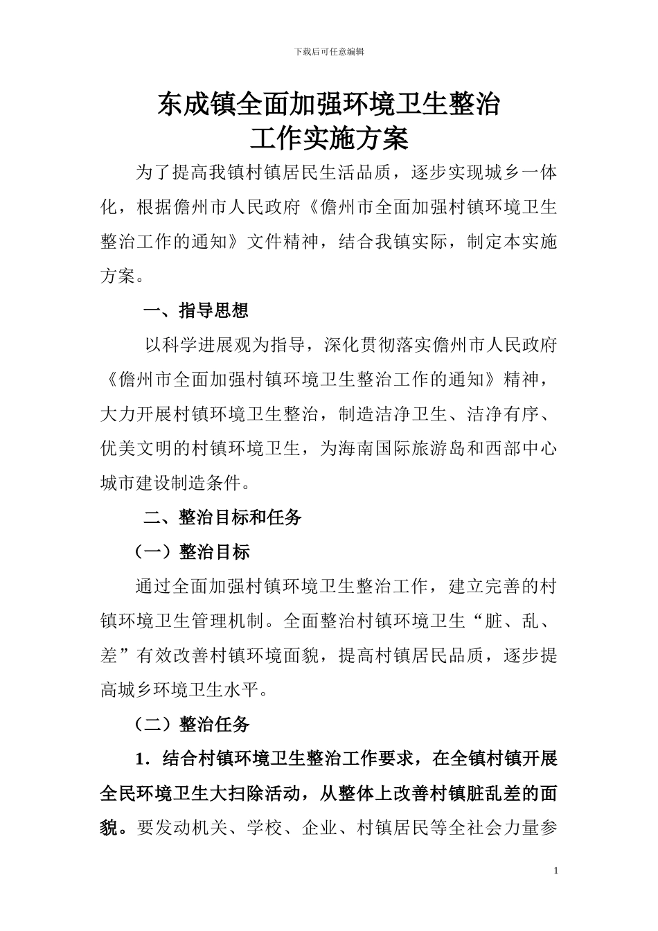 东成镇全面加强村镇环境卫生整治工作实施方案_第1页
