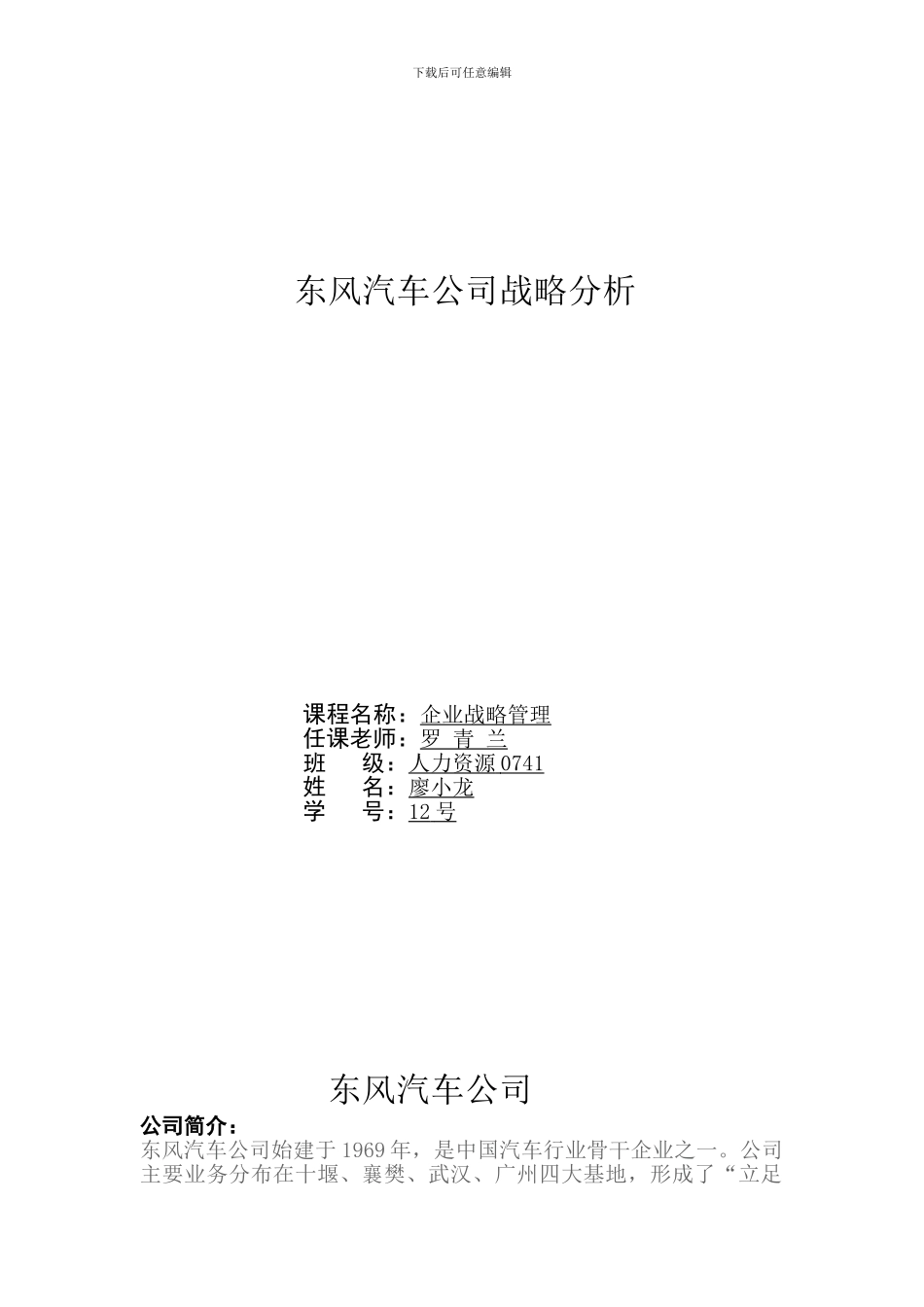 东风汽车公司企业战略分析_第1页