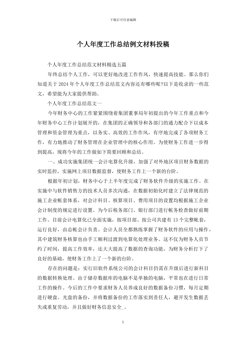 个人年度工作总结例文材料投稿_第1页