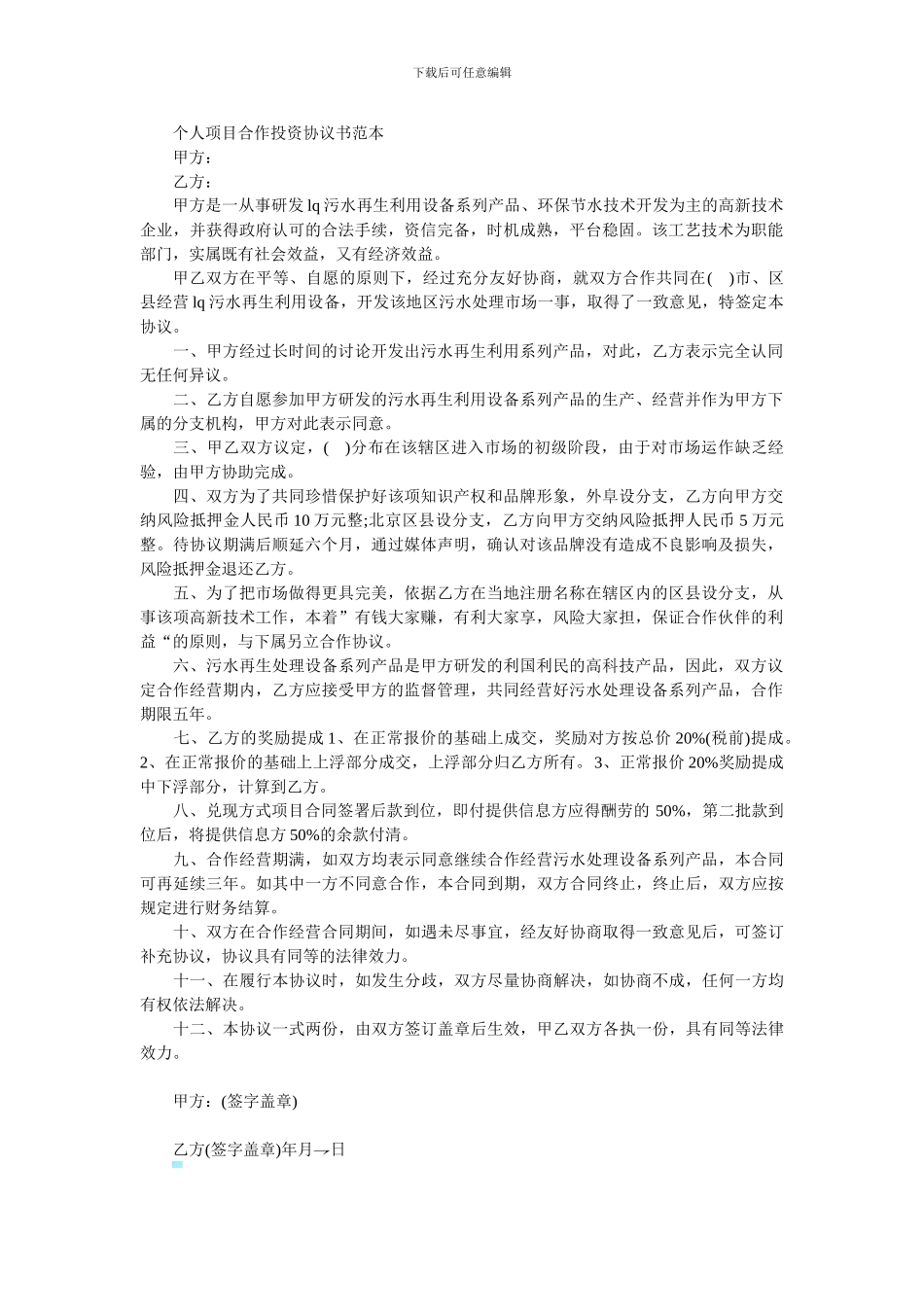 个人项目合作投资协议书范本_第1页