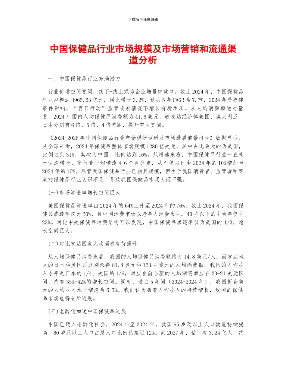 中国保健品行业市场规模及市场营销和流通渠道分析_第1页