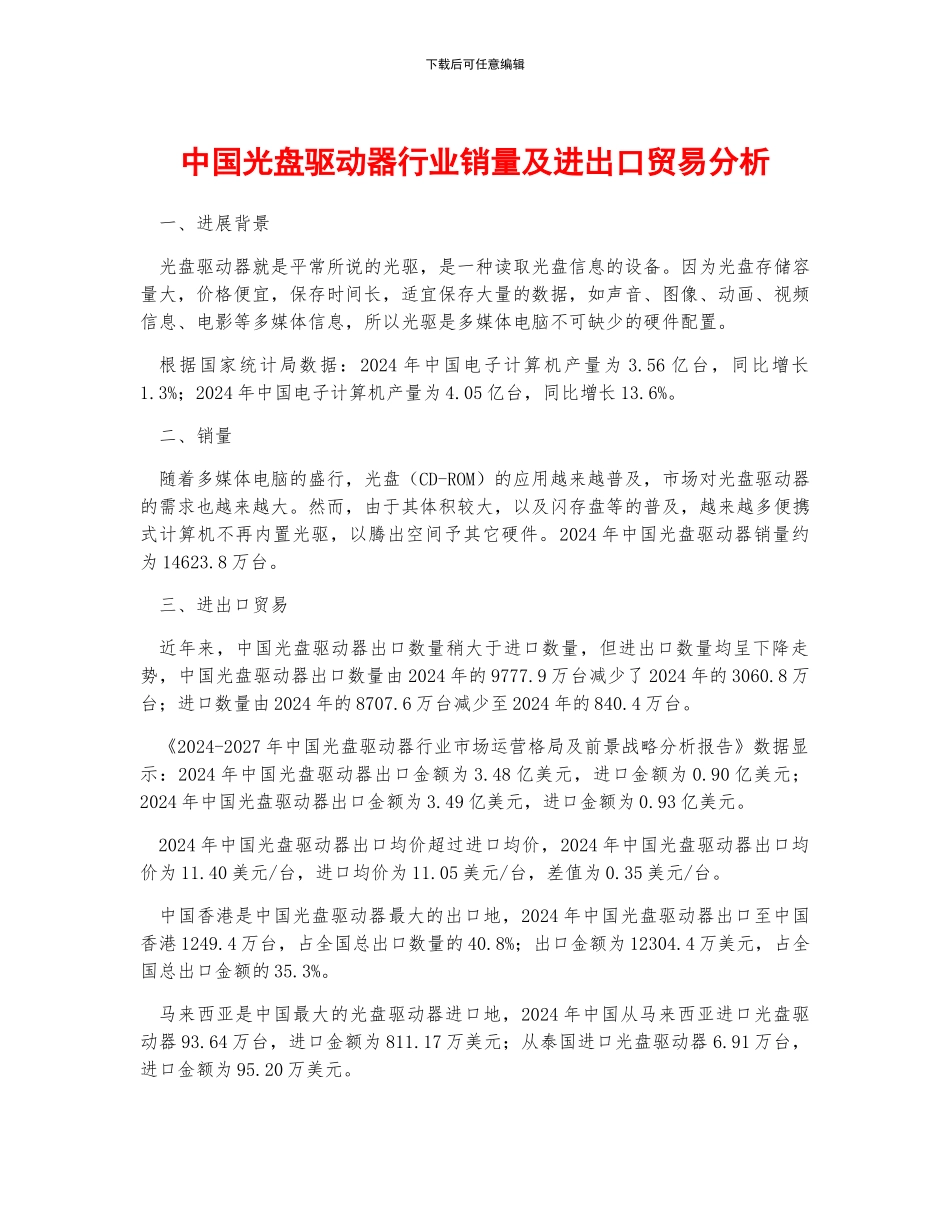 中国光盘驱动器行业销量及进出口贸易分析_第1页