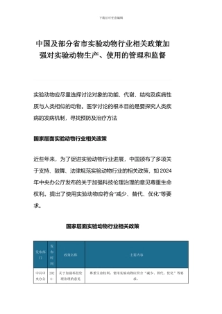 中国及部分省市实验动物行业相关政策加强对实验动物生产、使用的管理和监督
