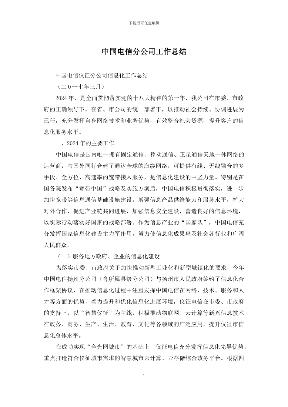 中国电信分公司工作总结_第1页