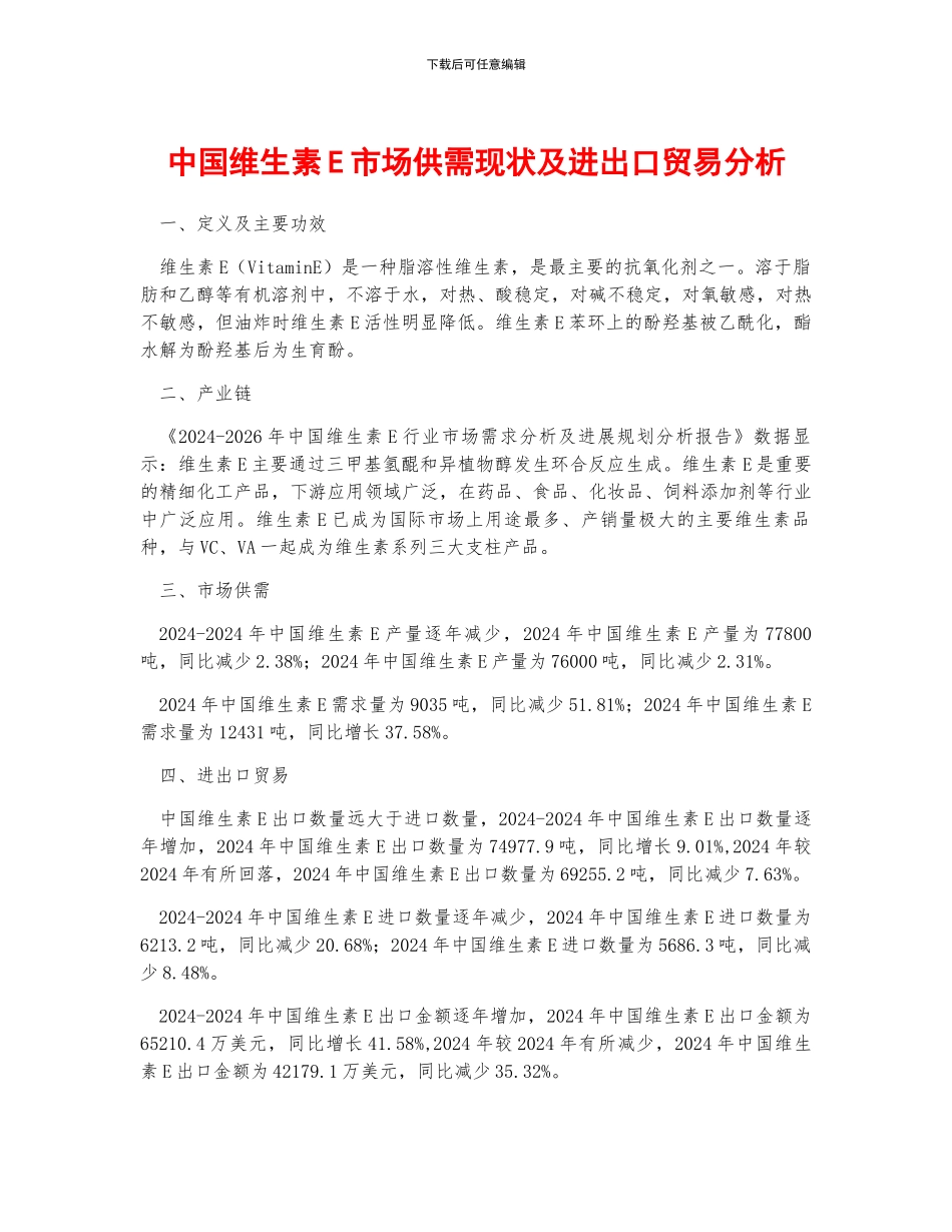 中国维生素E市场供需现状及进出口贸易分析_第1页