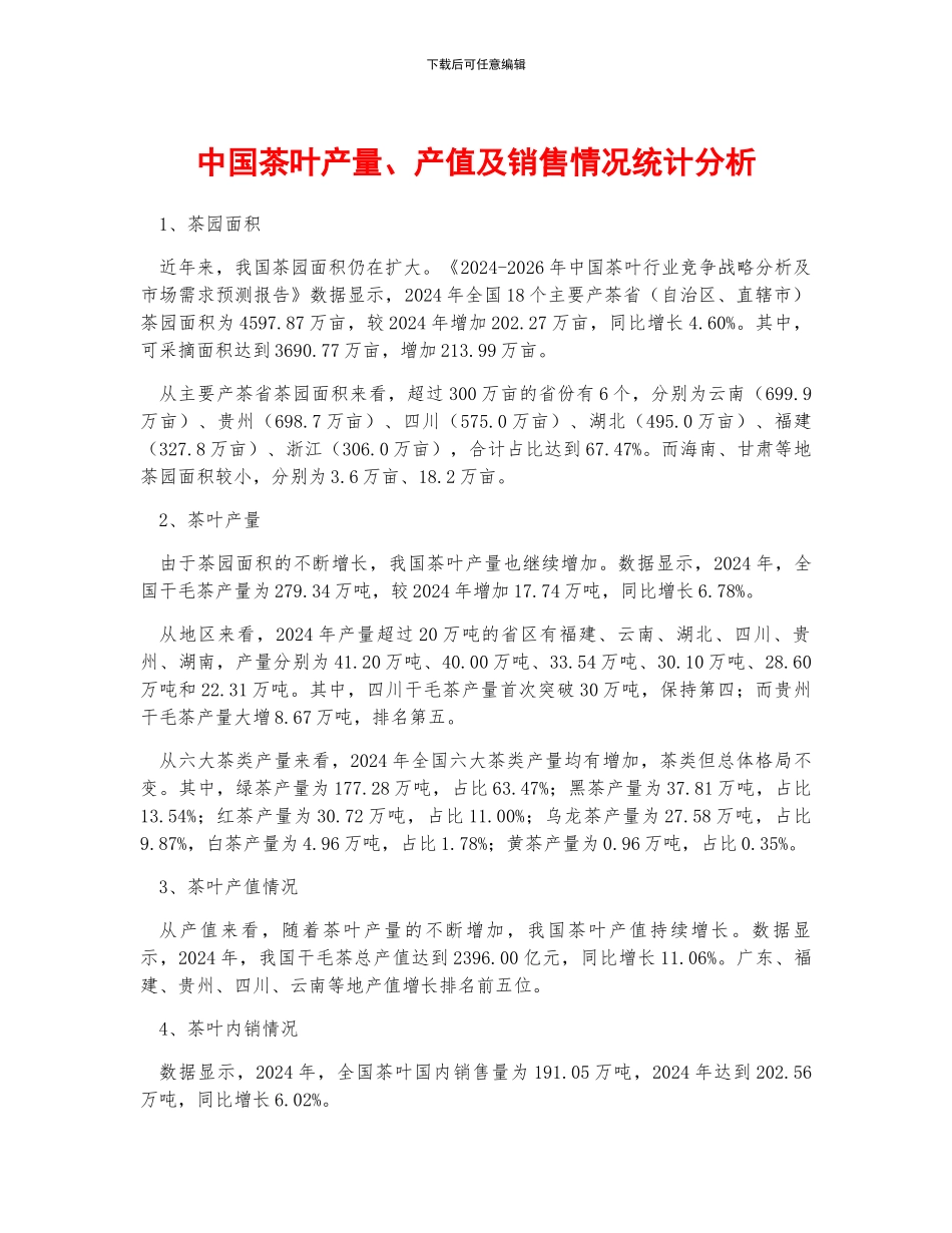 中国茶叶产量、产值及销售情况统计分析_第1页