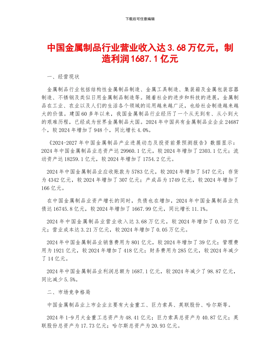 中国金属制品行业营业收入达3.68万亿元-创造利润1687.1亿元_第1页