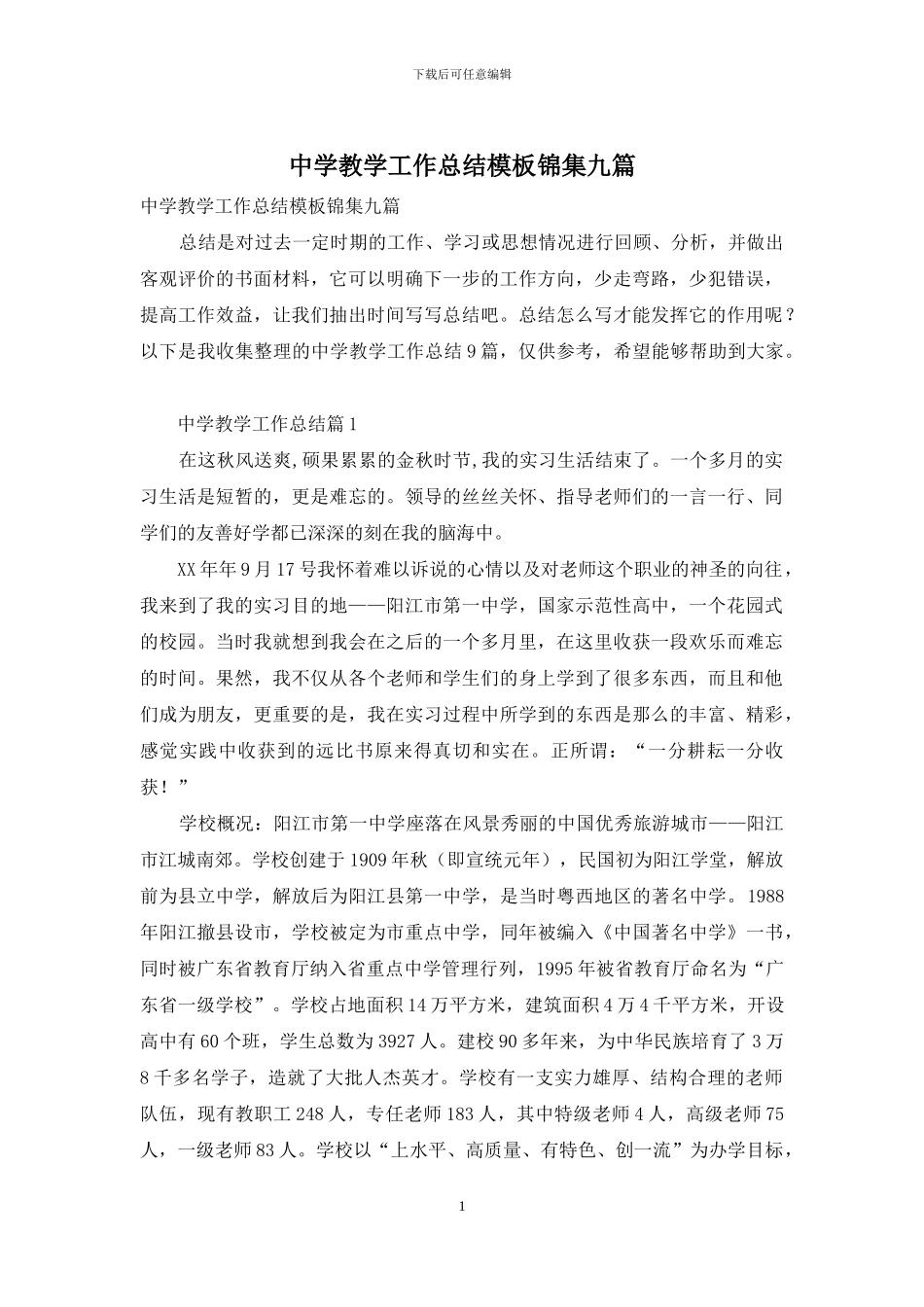 中学教学工作总结模板锦集九篇_第1页