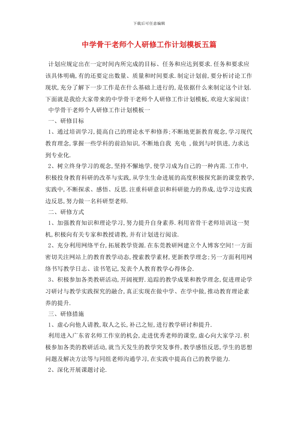 中学骨干教师个人研修工作计划模板五篇_第1页