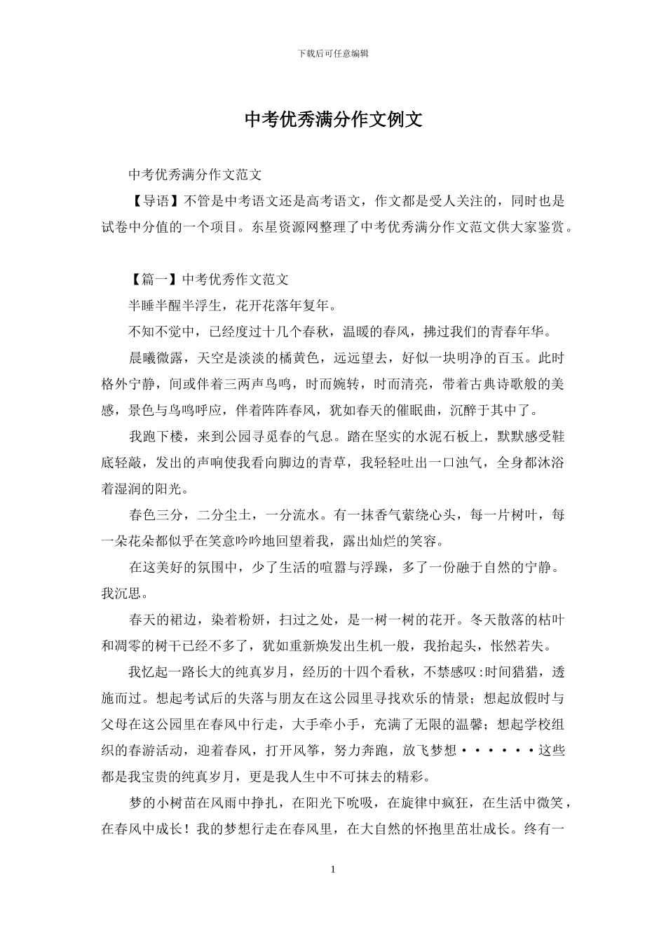 中考优秀满分作文例文_第1页