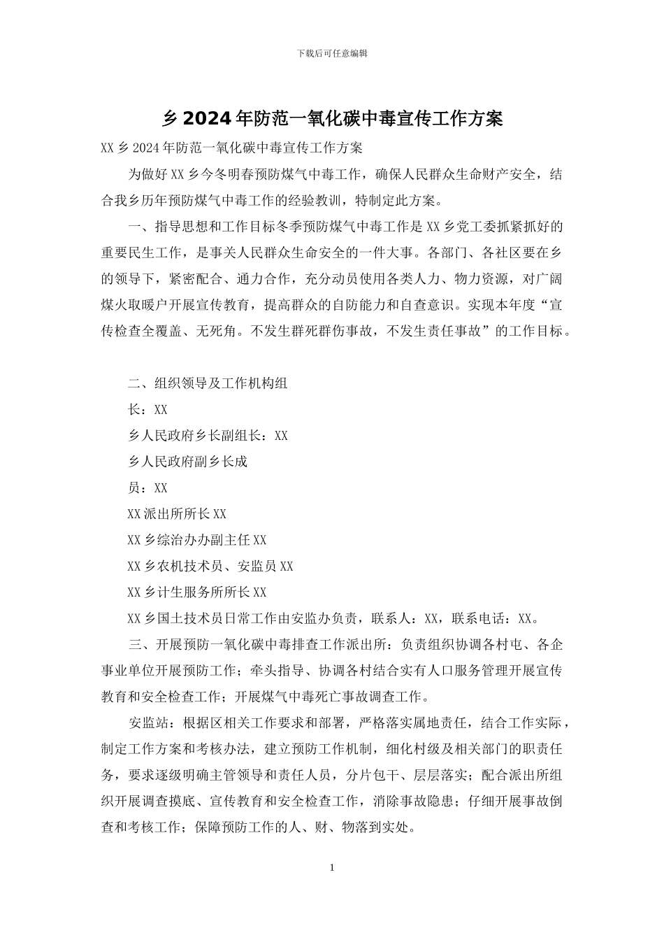 乡2024年防范一氧化碳中毒宣传工作方案_第1页