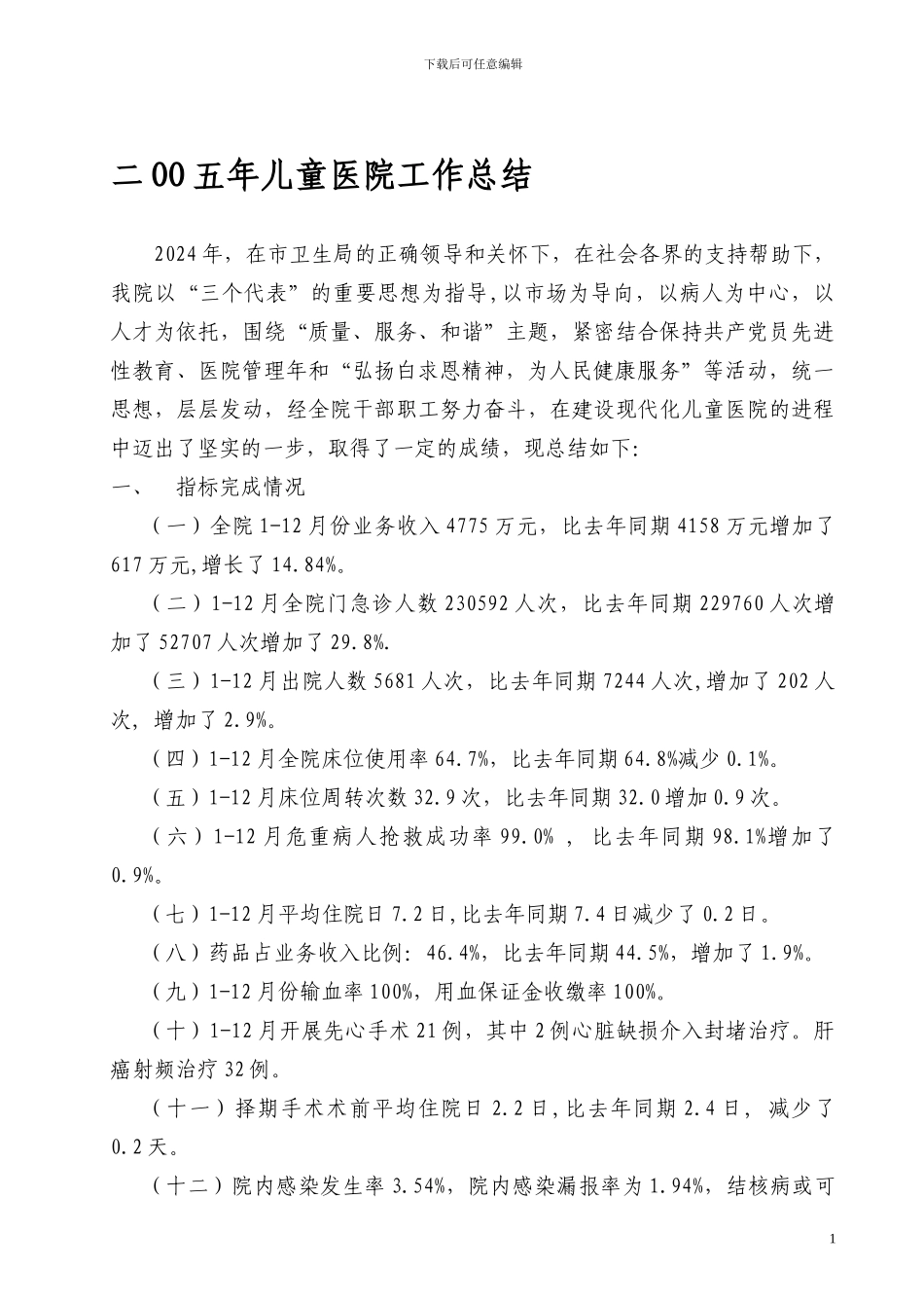 二OO五年儿童医院工作总结_第1页