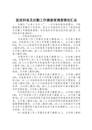 医技科室及后勤工作满意度调查情况汇总
