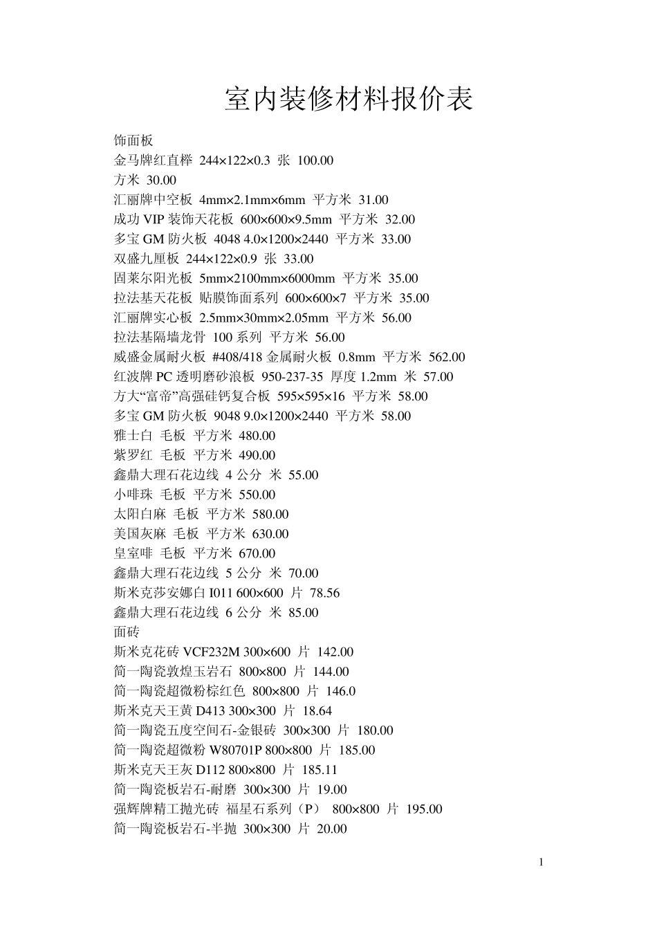 2009室内装修材料及报价表_第1页