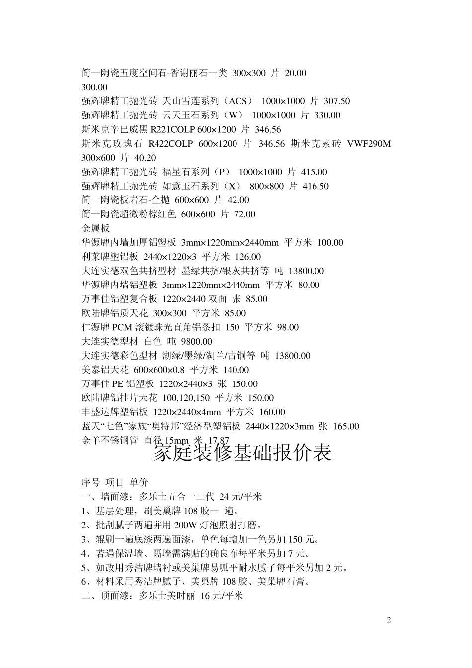 2009室内装修材料及报价表_第2页